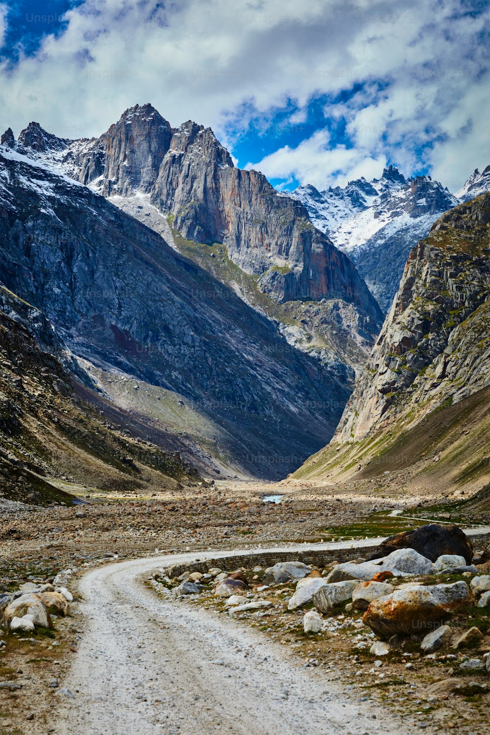 Road in Lahaul Valley in Himalayas. Himachal Pradesh, India India