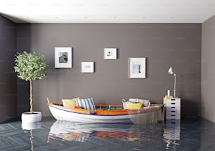 Das Boot als Sofa im überfluteten Innenraum. Kreatives Konzept. 3D-Rendering