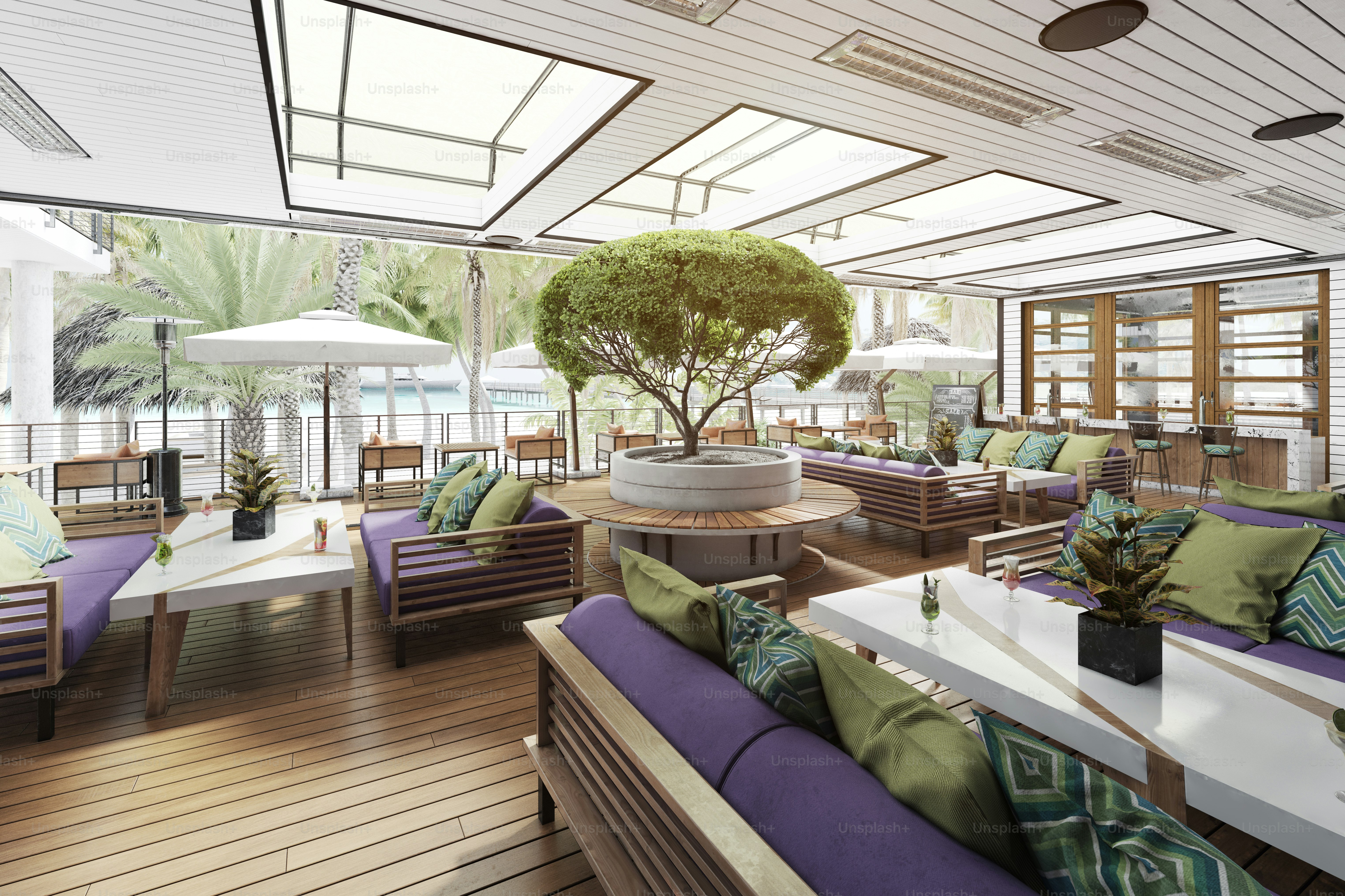 modern terrace cafe at the beach. 3d rendering design concept