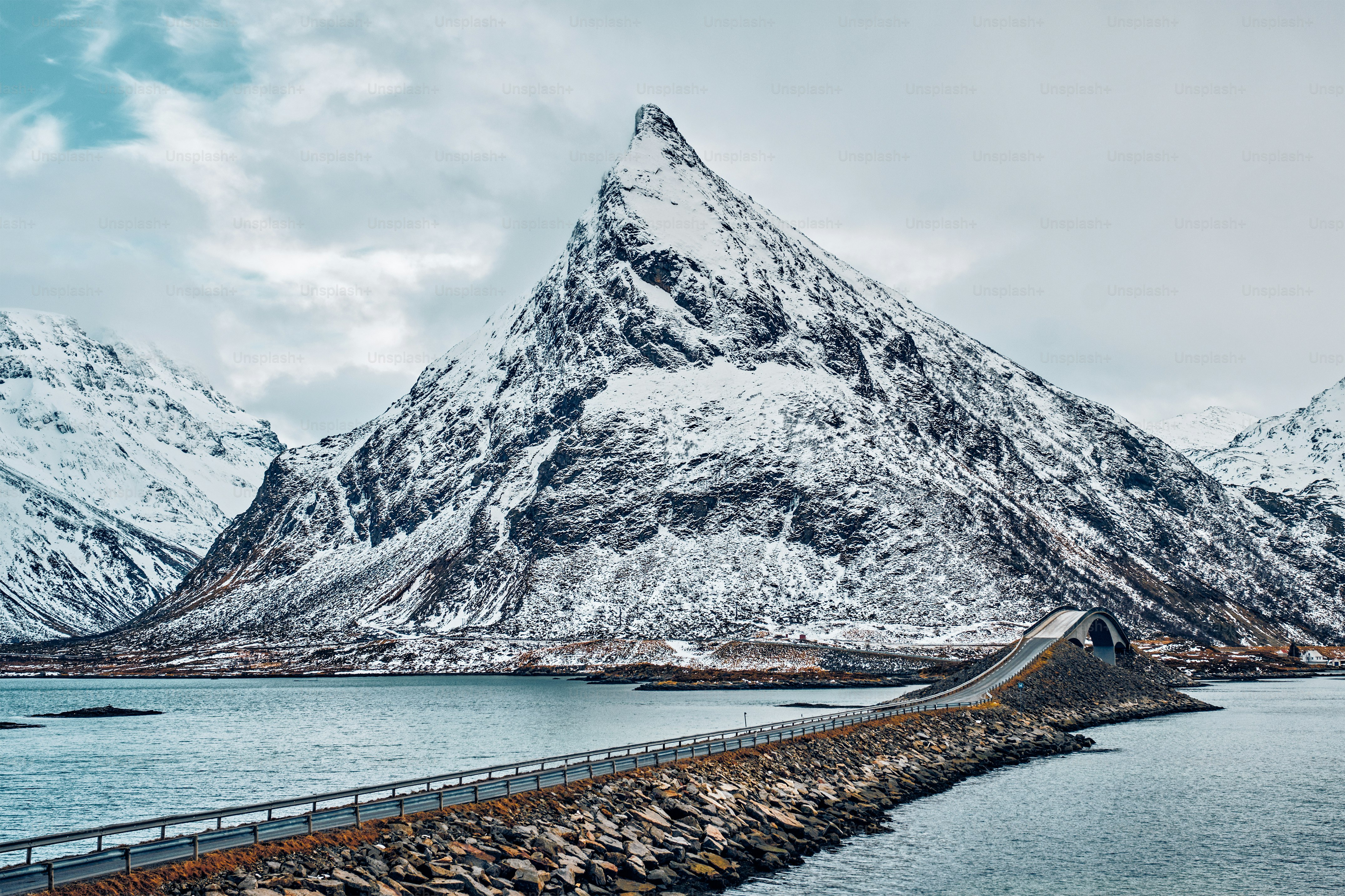Fredvang Bridges in winter. Lofoten islands, Norway