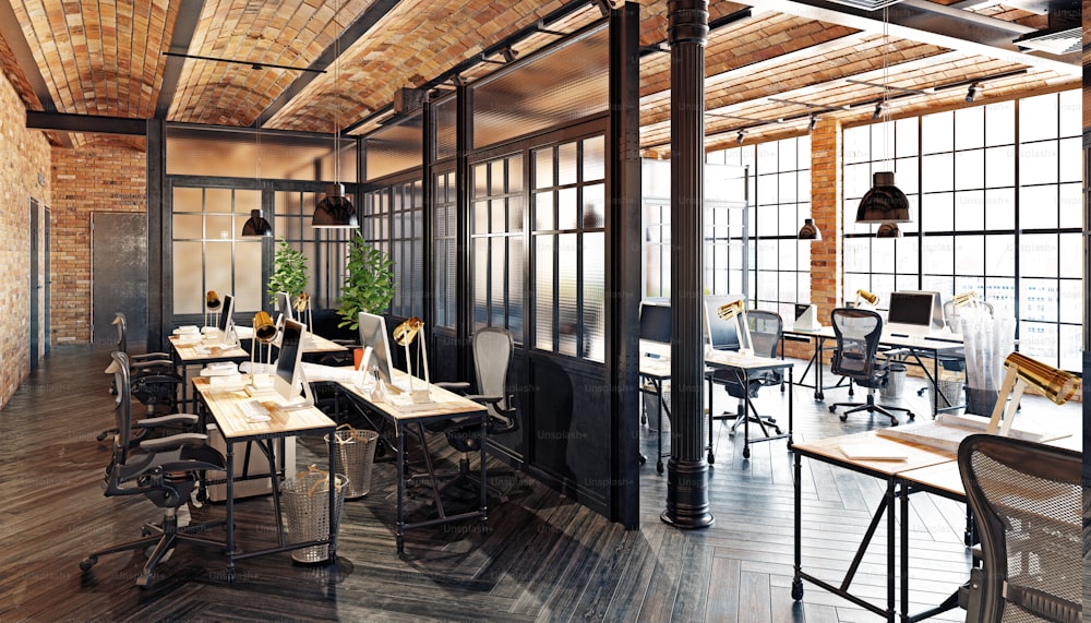 design de interiores de escritório moderno. Loft conceito 3d renderização
