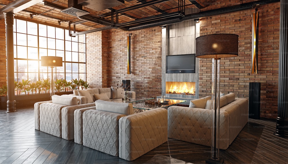 luxury home interior with fireplace. 3d rendering design concept