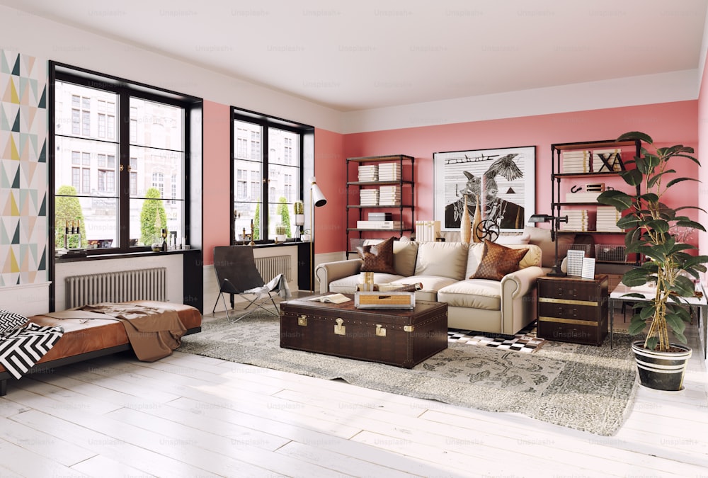modern living room interior. Living coral design style. 3d rendering