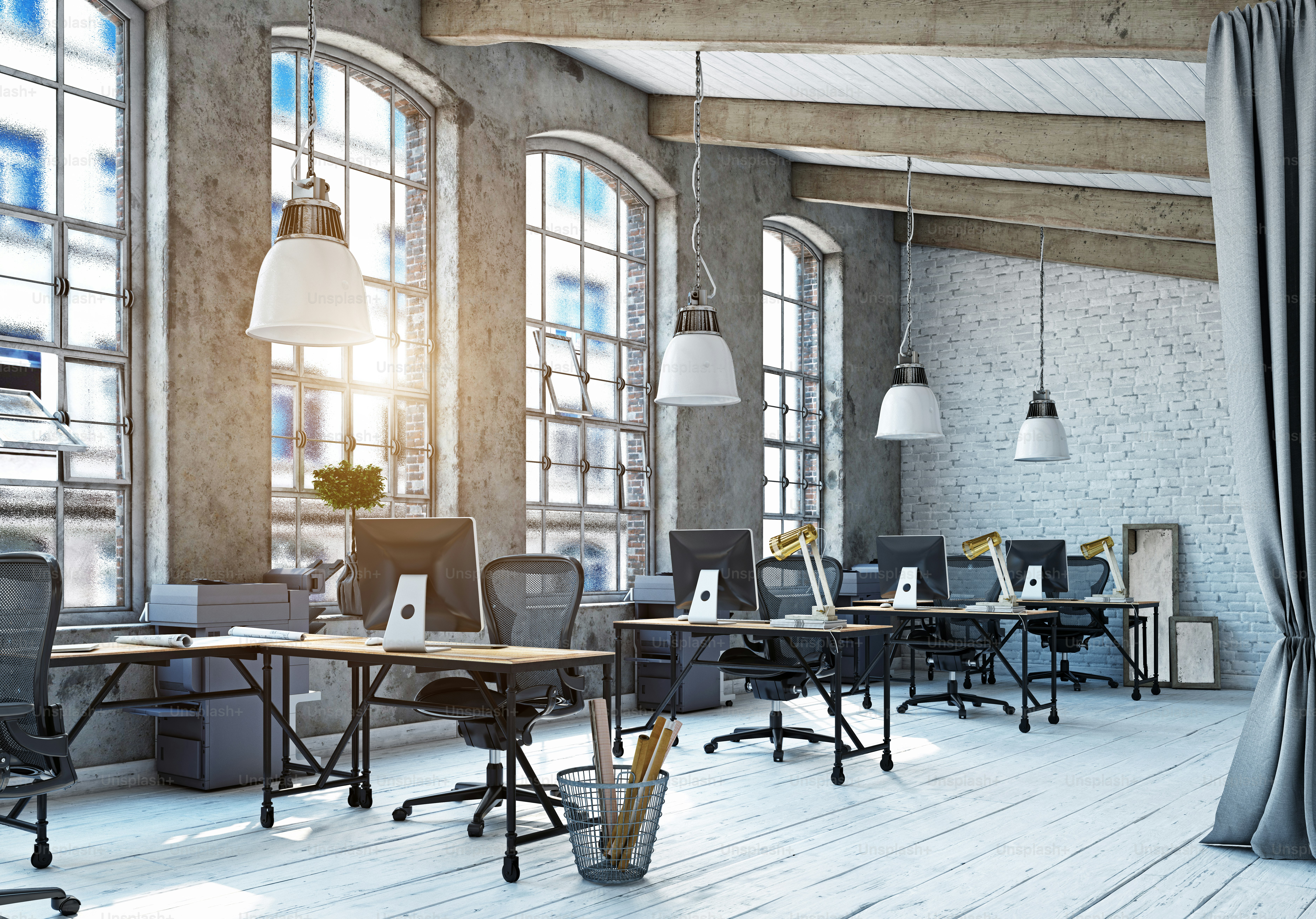 Modern loft area office interior. 3d rendering design concept photo ...