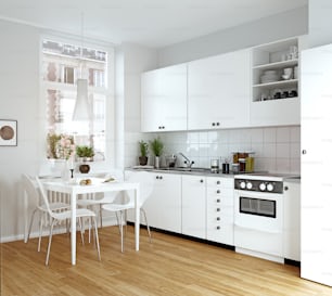 Moderne gemütliche Küche Interieur. 3D-Rendering-Design-Konzept