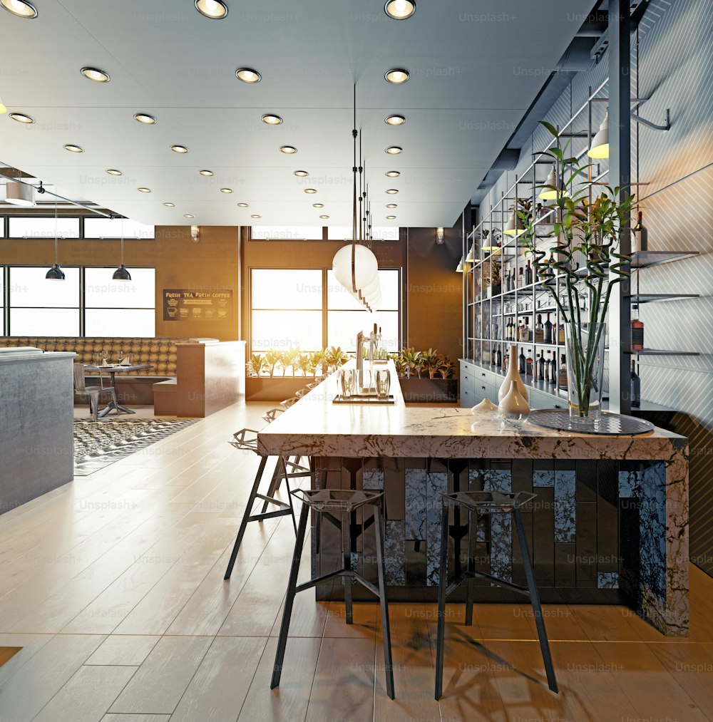 Design moderno degli interni del ristorante. Concetto di rendering 3D