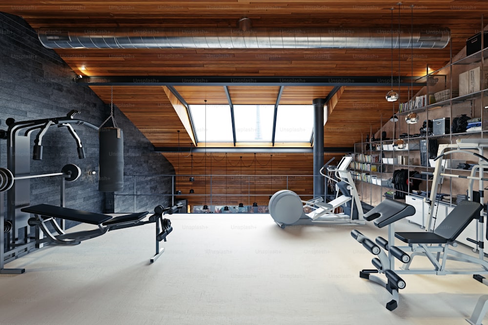 home gym room in the attic. 3d rendering design concept
