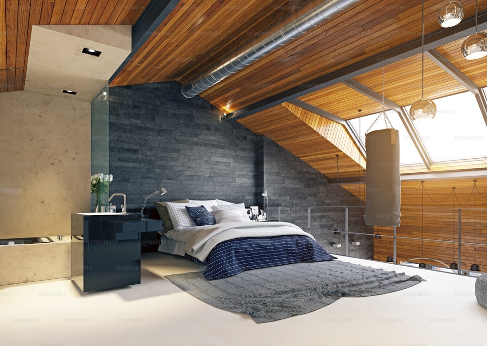 Modernes Loft-Schlafzimmer-Interieur. 3D-Rendering-Design