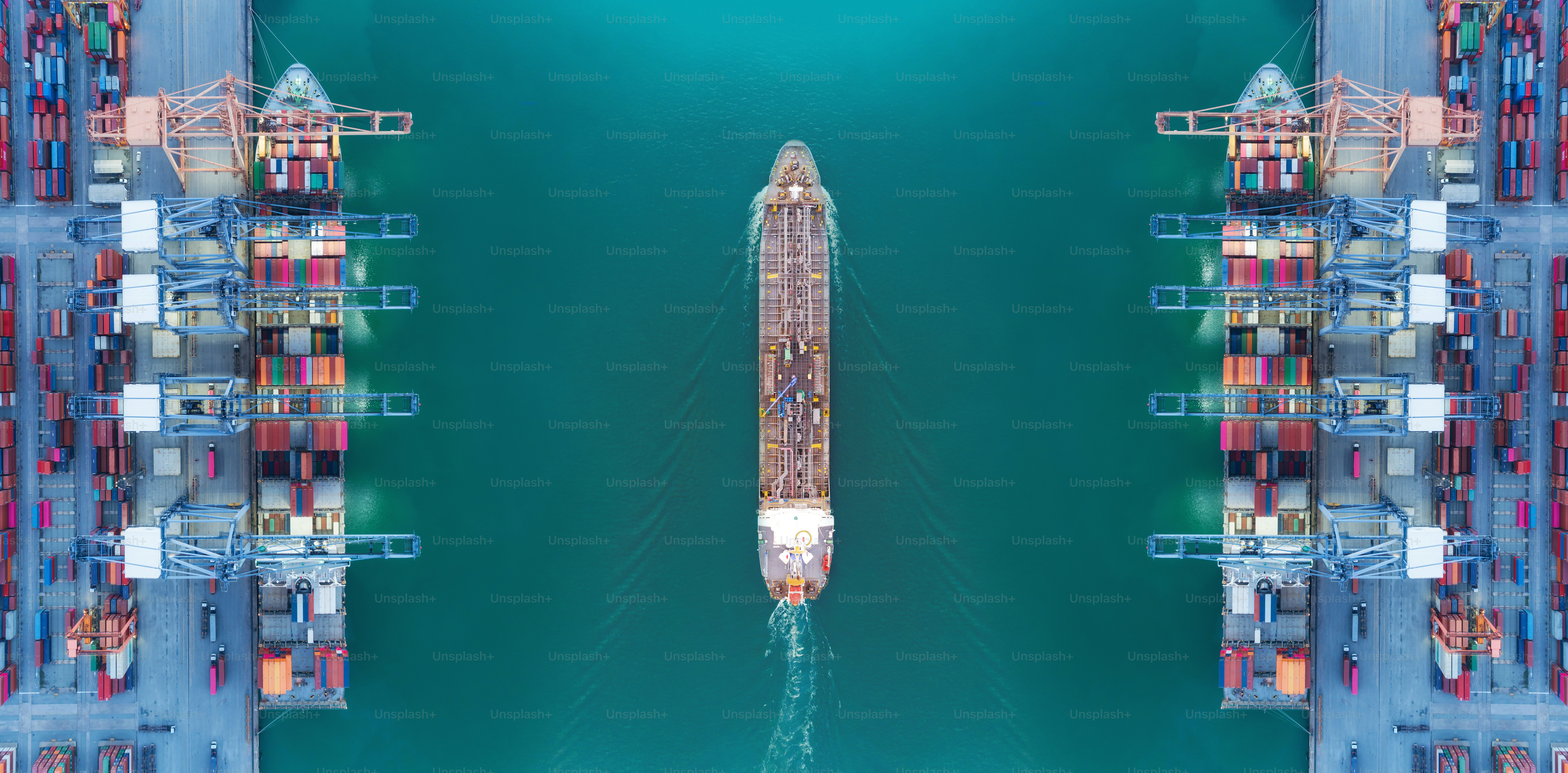 航空写真パノラマオイルタンカー移動パス海港倉庫とコンテナ船またはクレーン船は、配送コンテナの出荷のために働いています。