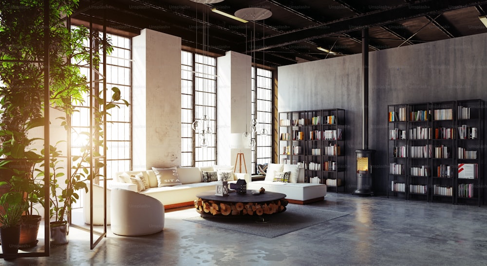 Moderno interior de la sala de estar tipo loft. Concepto de diseño de renderizado 3D