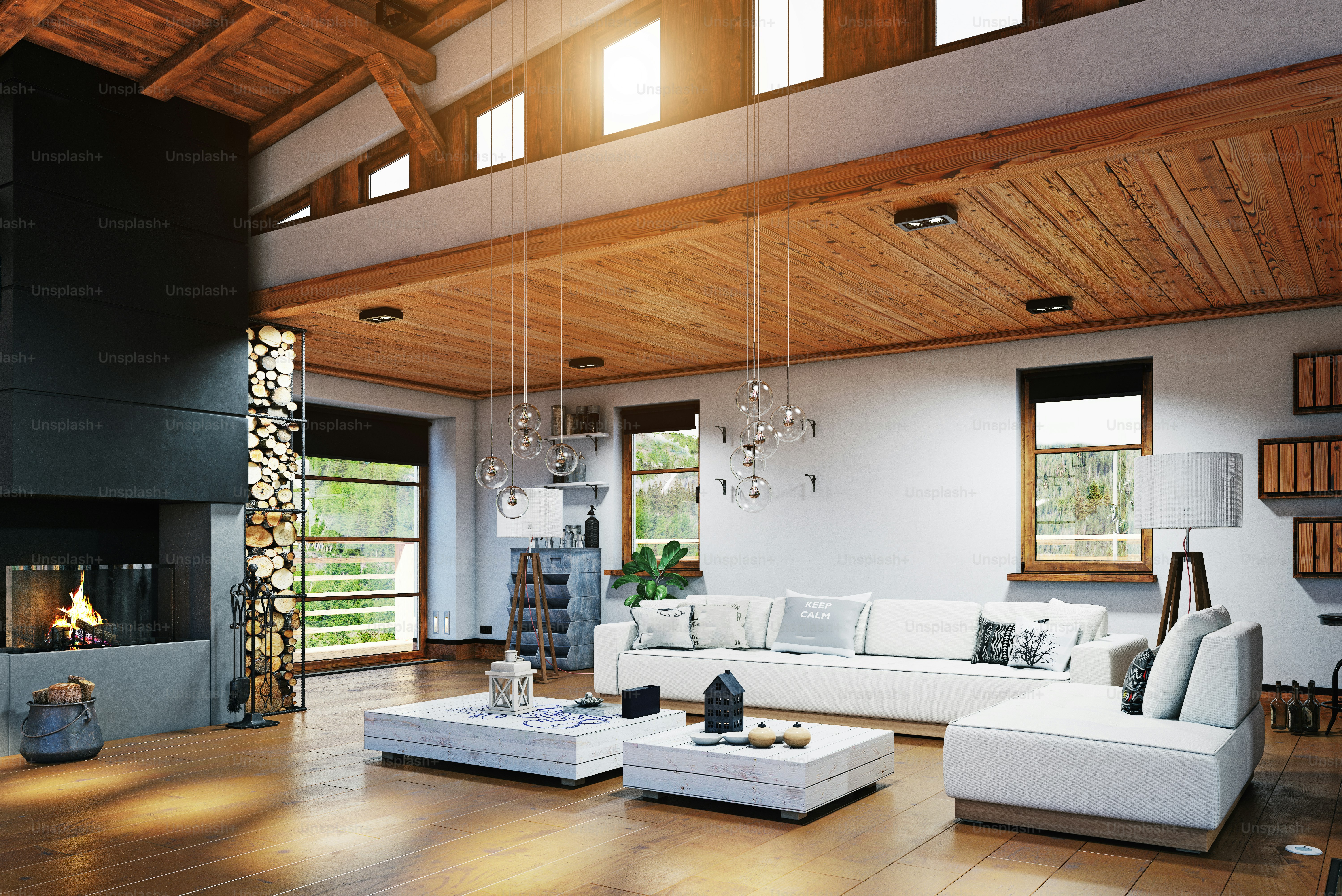 Modern chalet interior design. 3d rendering