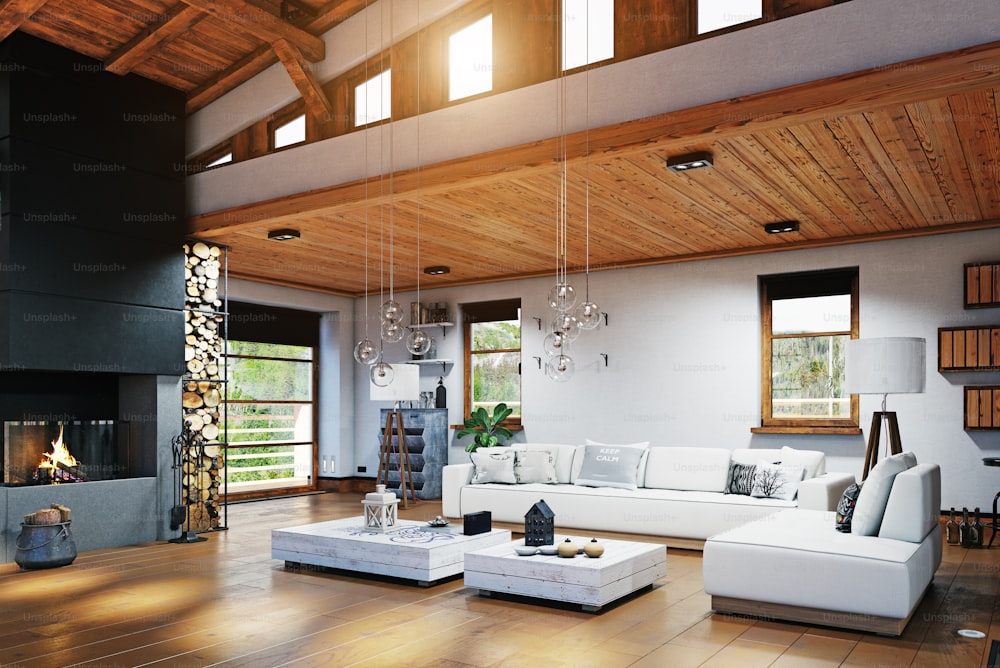 Modern chalet interior design. 3d rendering