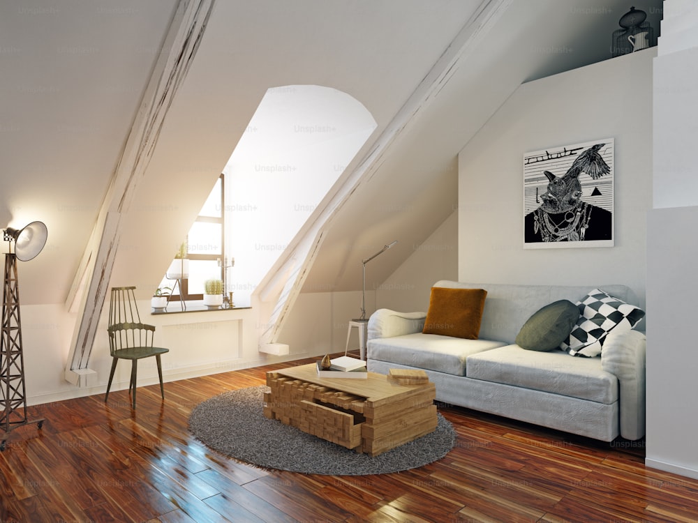 modern attic interior. 3d design rendering