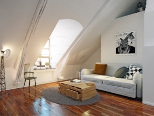 Modernes Dachgeschoss-Interieur. 3D-Design-Rendering