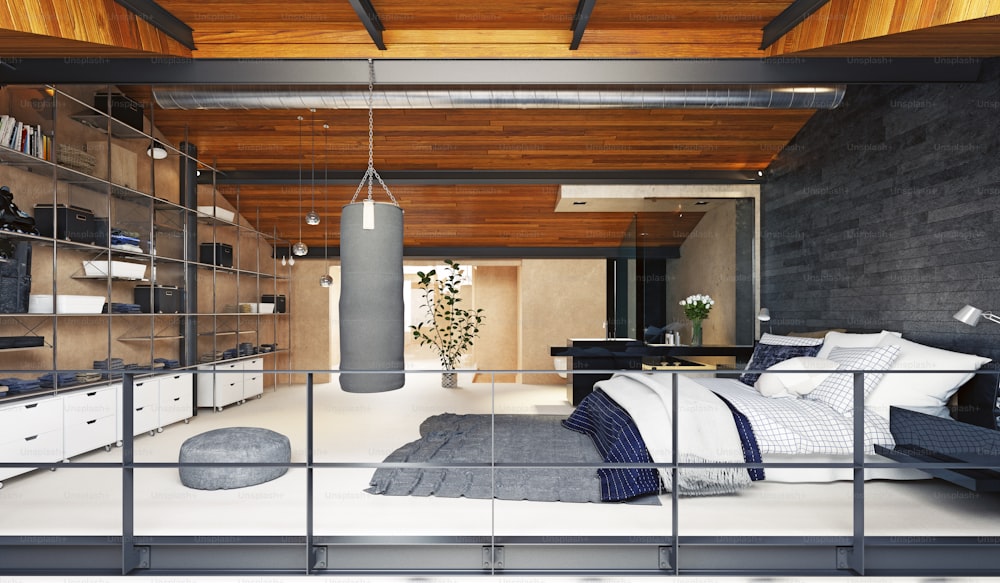 Modernes Loft-Schlafzimmer-Interieur. 3D-Rendering-Design