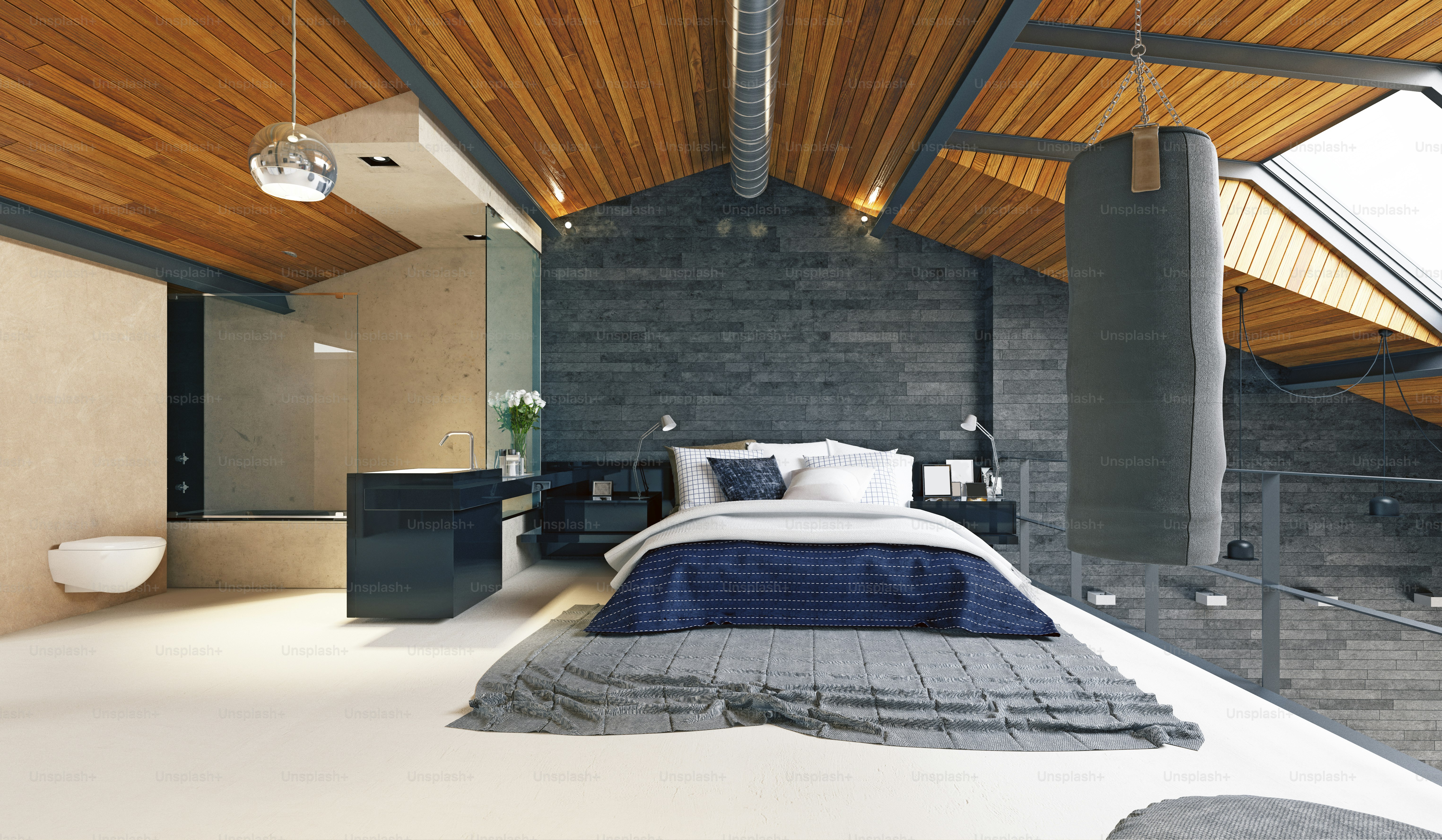 Modernes Loft-Schlafzimmer-Interieur. 3D-Rendering-Design