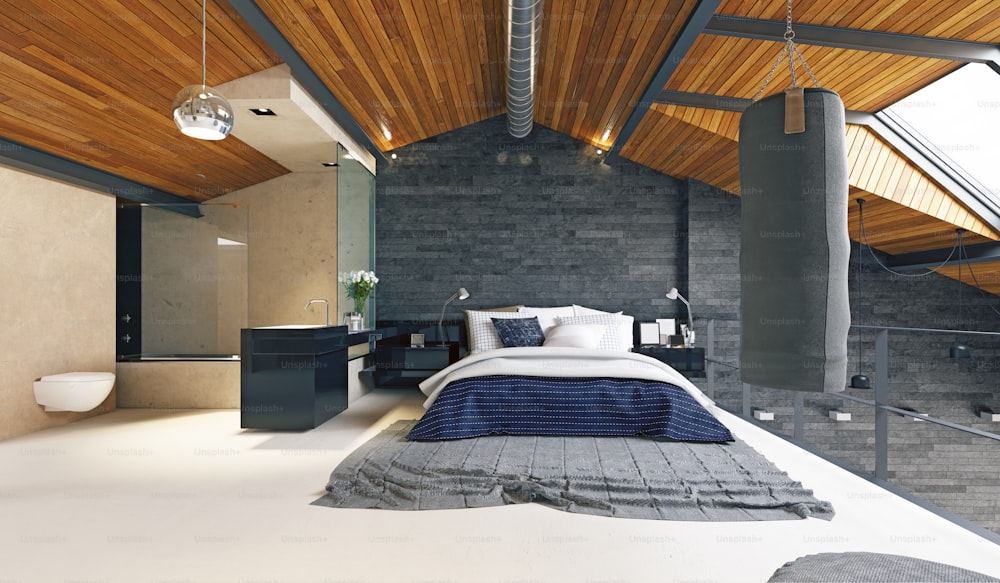 Interno moderno della camera da letto a soppalco. Progettazione rendering 3D