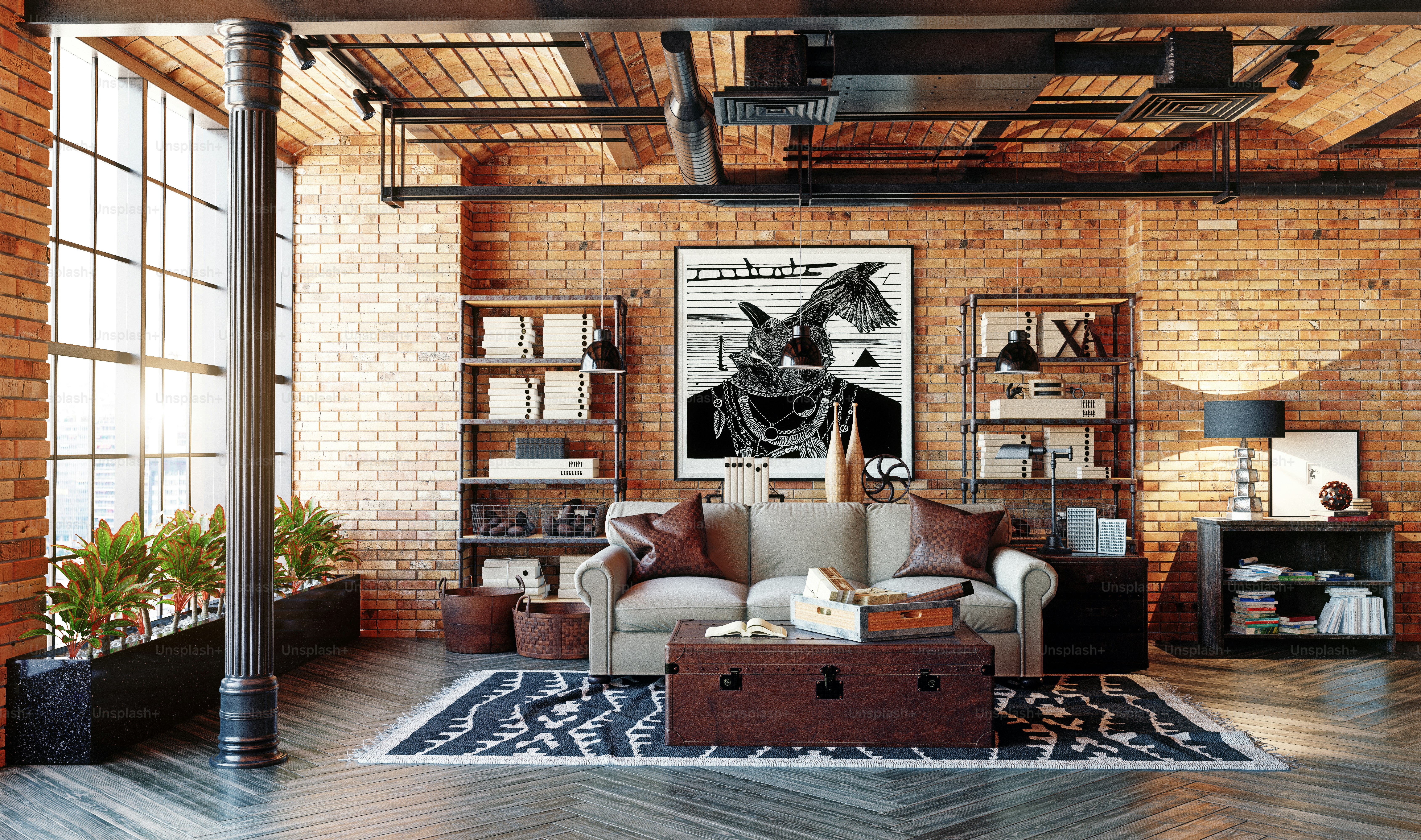 Modernes Loft-Wohnzimmer Interieur. Lebendiger Designstil. 3D-Rendering