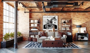 modern loft living room interior. Living design style. 3d rendering