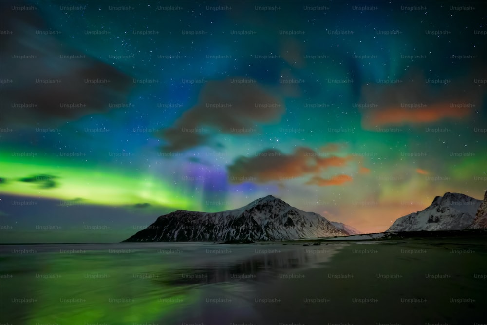 Aurora borealis Nordlichter am Strand von Skagsanden. Lofoten, Norwegen