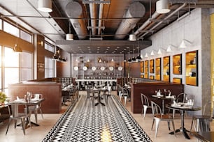 design de interiores moderno do restaurante. Conceito de renderização 3D