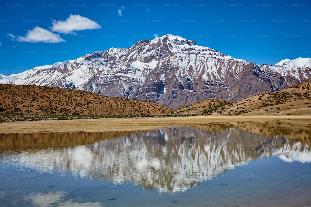 Dhankar Lake in Himalayas. Spiti Valley, Himachal Pradesh, India