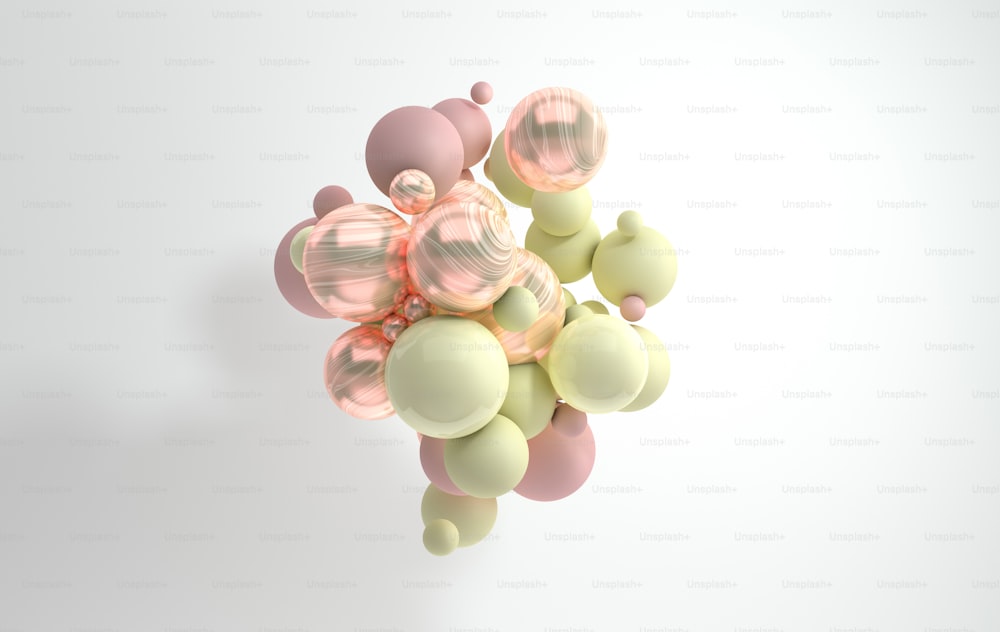 Representación 3D de esferas flotantes de mármol rosa, amarillo y brillante pulido sobre fondo rosa. Composición geométrica abstracta. Grupo de bolas en colores pastel con sombras suaves