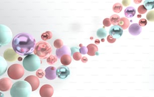 3D-Rendering von schwebenden polierten blauen, rosa, türkisfarbenen und glänzenden Marmorkugeln auf weißem Hintergrund. Abstrakte geometrische Komposition. Gruppe von Kugeln in Pastellfarben mit weichen Schatten
