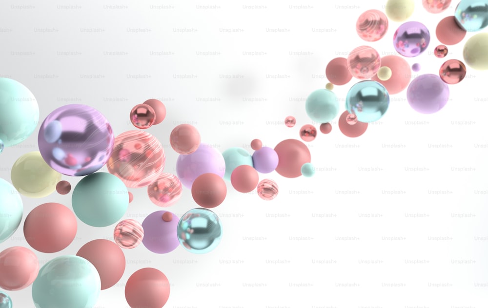 Representación en 3D de esferas flotantes de mármol pulido azul, rosa, turquesa y brillante sobre fondo blanco. Composición geométrica abstracta. Grupo de bolas en colores pastel con sombras suaves