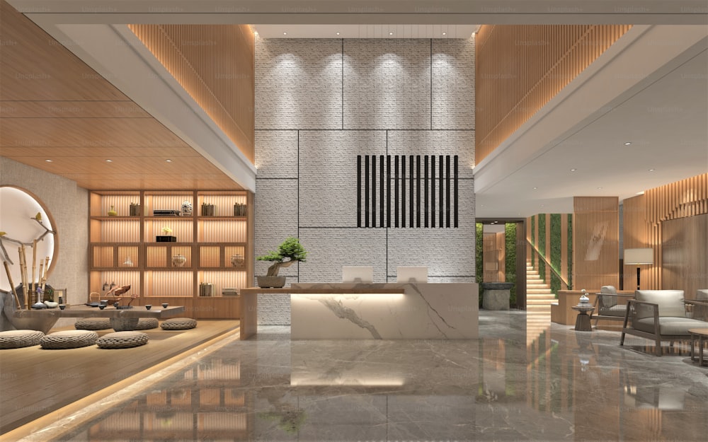 Rendu 3D du hall et de la réception d’un hôtel de luxe