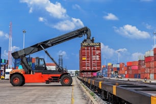 Forklift truck working in container warehouse loading container to train with beautiful sky for logistics shipping, import export or transportation.