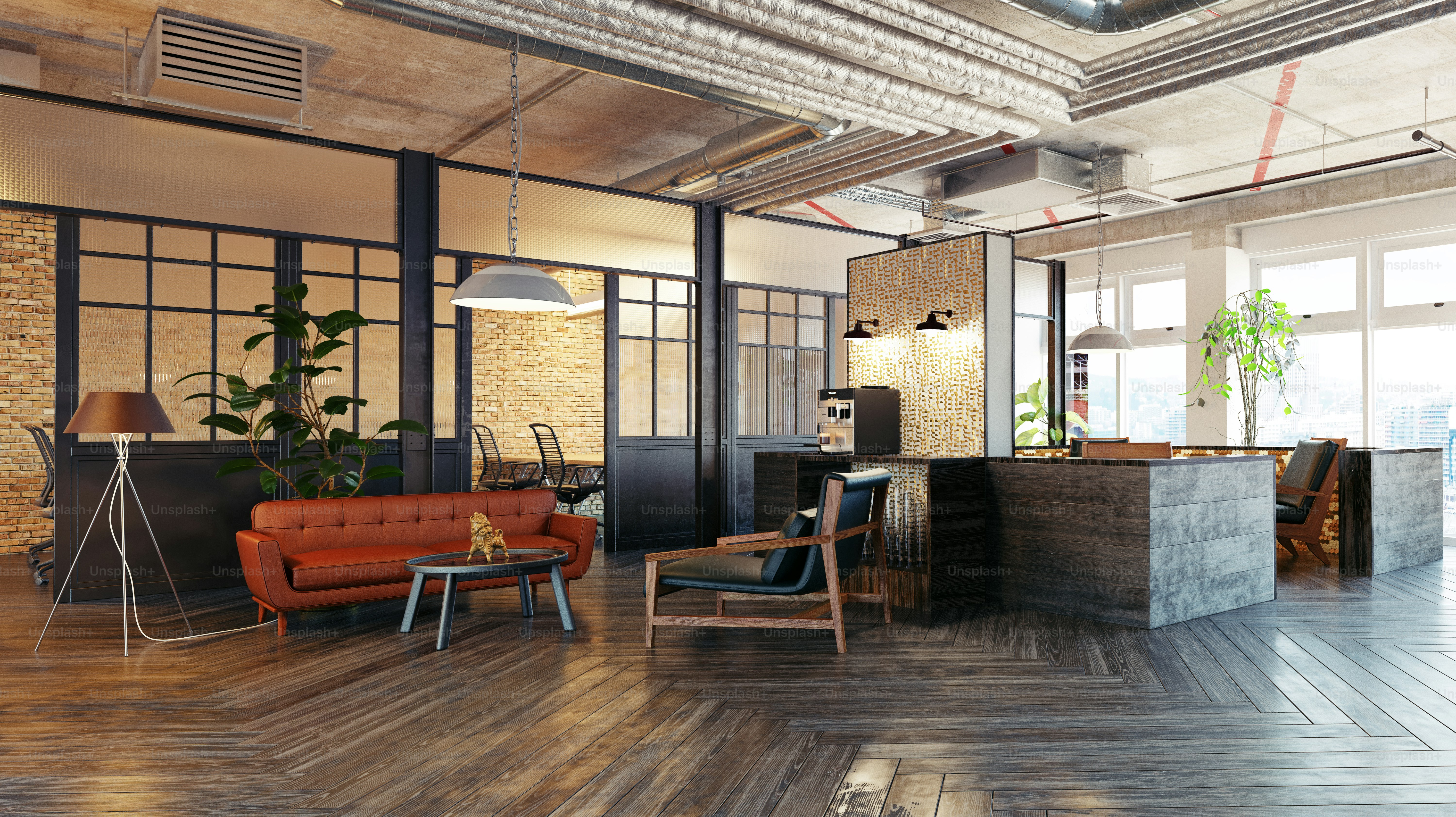 Interni moderni della hall. Progettazione rendering 3D