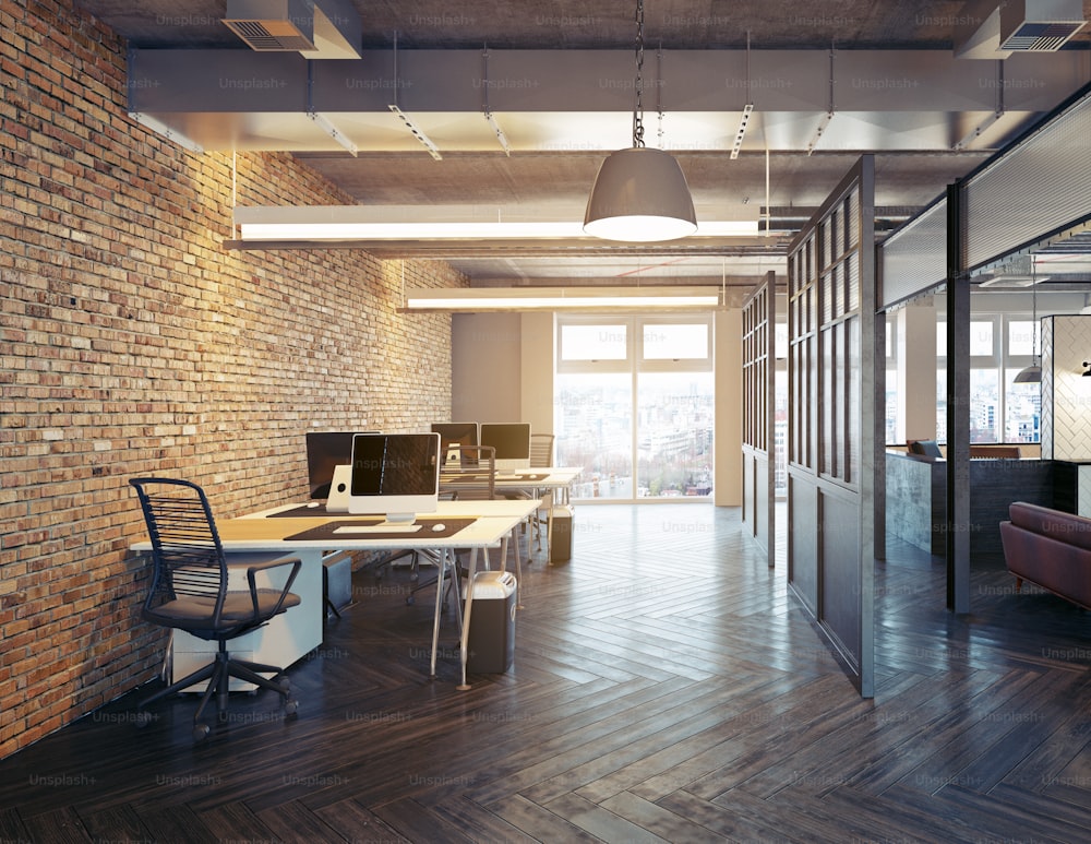 현대 사무실 인테리어 디자인입니다. 로프트 컨셉 3d 렌더링