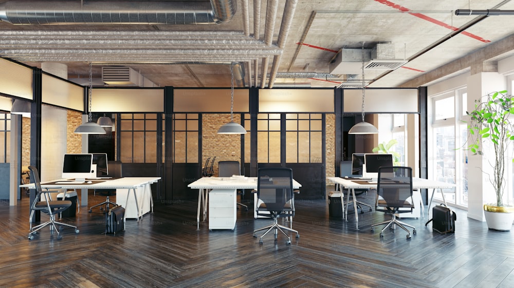 현대 사무실 인테리어 디자인입니다. 로프트 컨셉 3d 렌더링