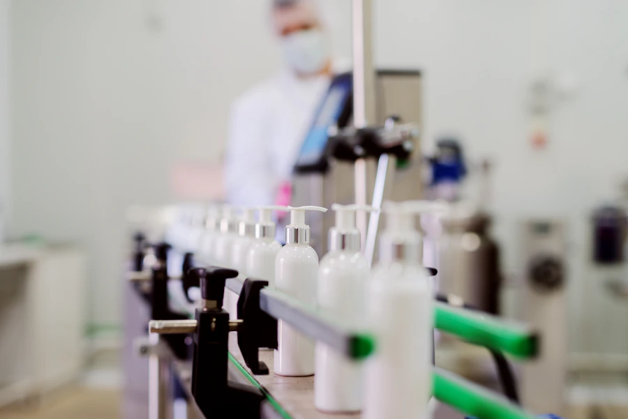 Cleaning product bottles on a modern factory production line