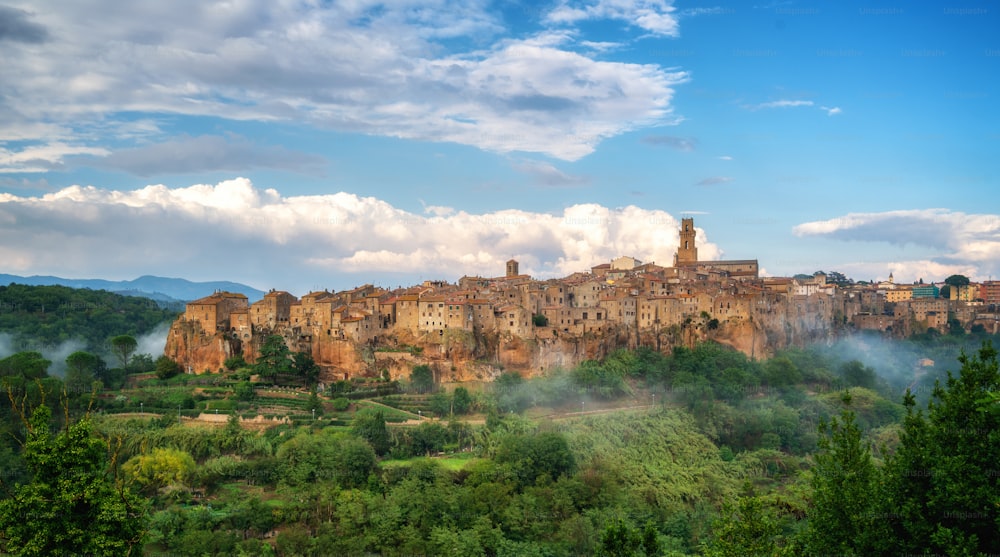Panoramic view of the historic hilltop village of Pitigliano, Grosseto, Tuscany, Italy.