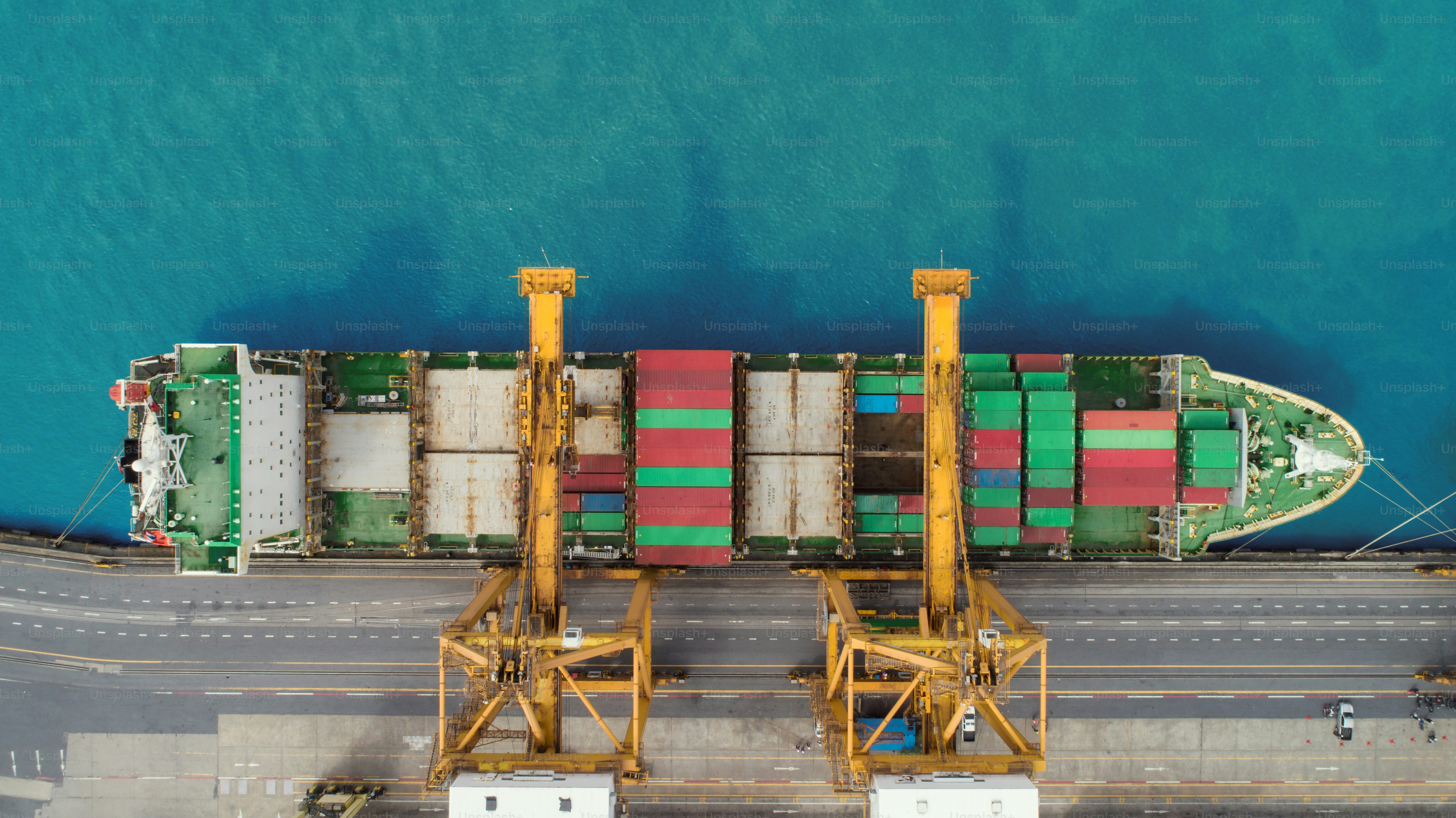 Aerial view container ship from sea port for import  export or transportation concept background.