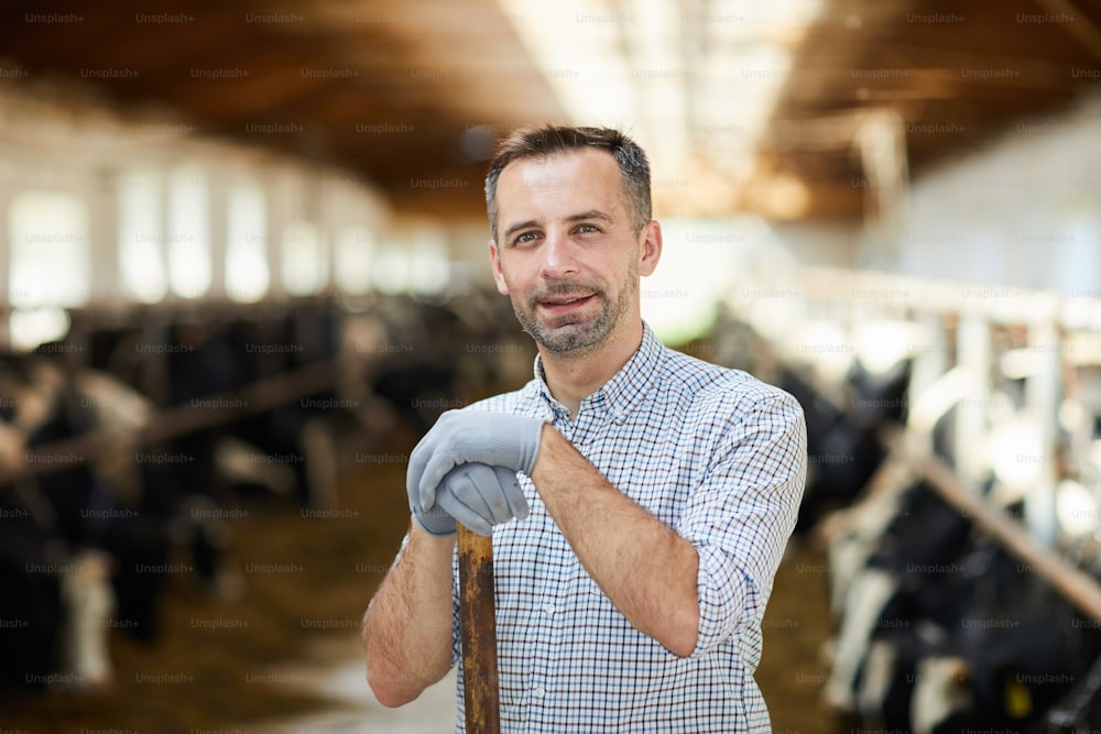 Young gloved worker of kettlefarm looking at you while working in cowshed