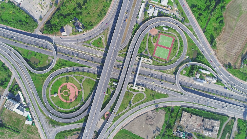 Beautiful pattern Aerial view highway road network intersection traffic. Can use for import export or transportation concept.