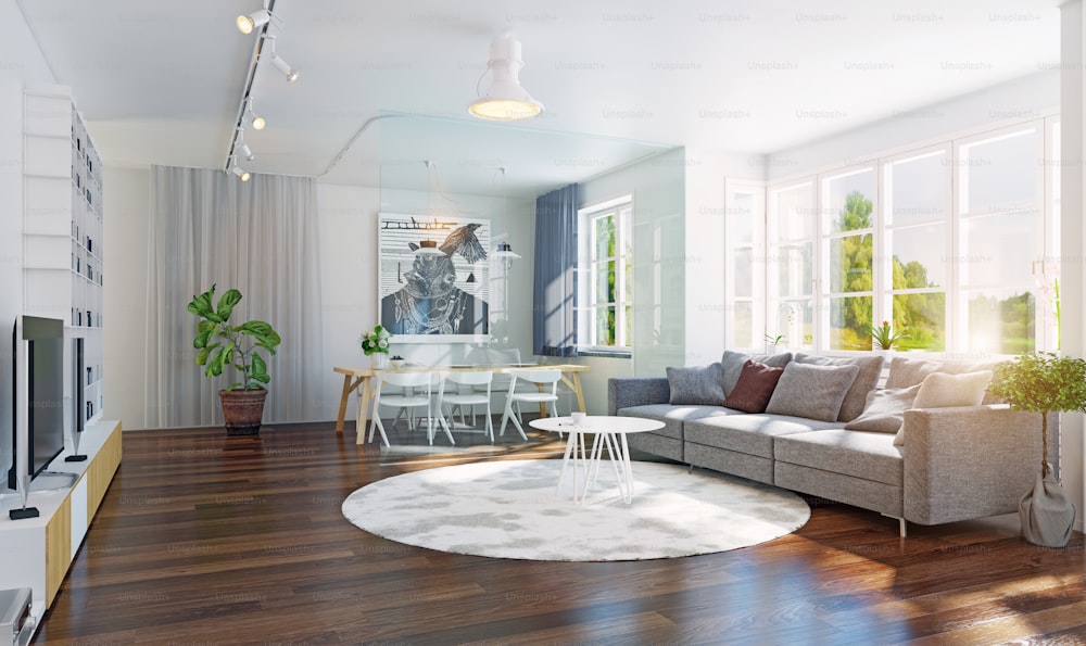 Renderizado 3D del interior de la sala de estar moderna. Concepto de diseño contemporáneo