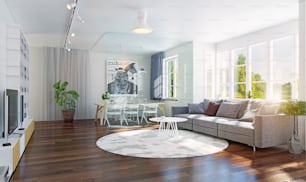 Modern living room interior 3d rendering. Contemporary design concept
