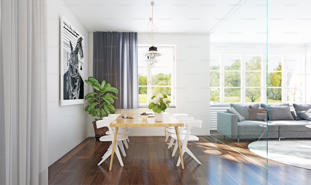 Modern dining room interior 3d rendering. Contemporary design concept