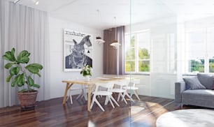 Modern dining room interior 3d rendering. Contemporary design concept