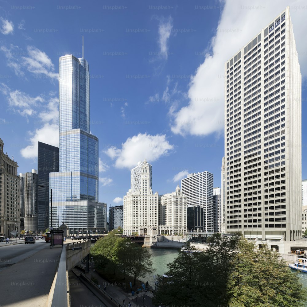 Street, buildings and blue sky in Chicago, USA