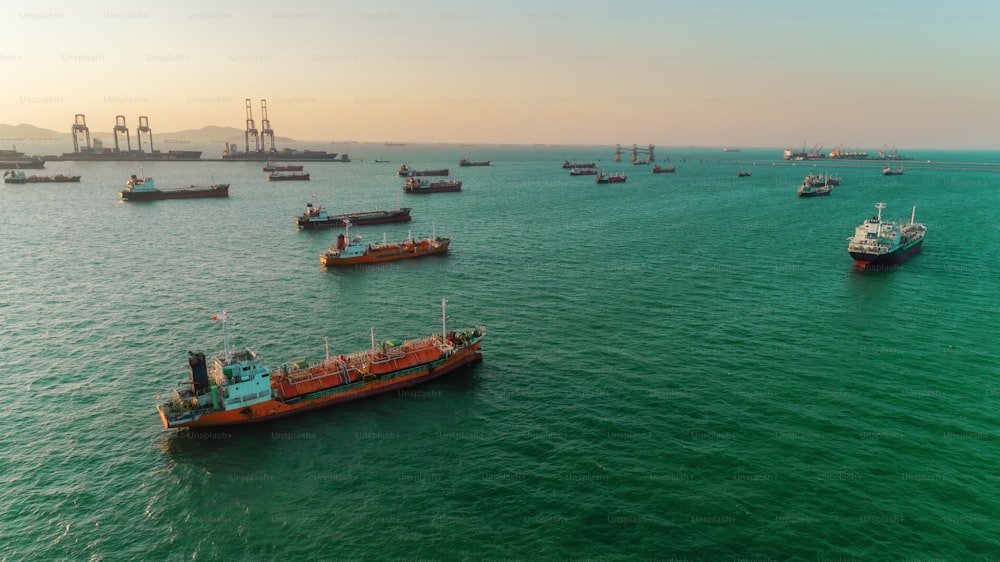 Oil ship tanker and LPG ship park on the sea waiting for loading from refinery.