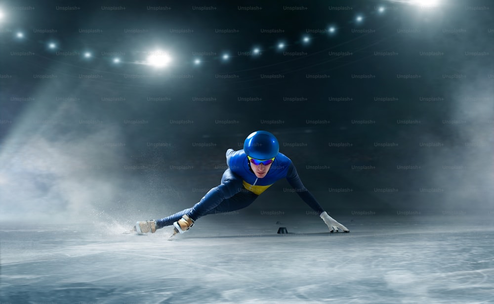 Short track speed skater in ice arena