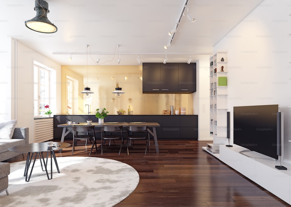 Modern kitchen interior 3d rendering. Contemporary design concept
