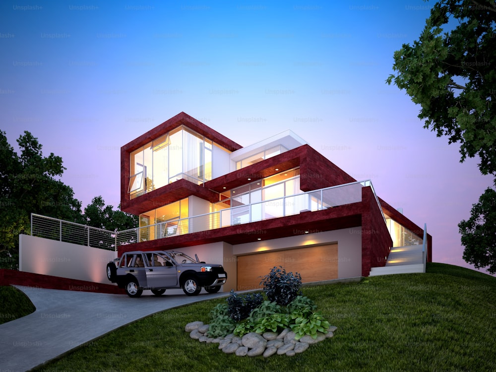 3D-Rendering der Außenseite des Hauses bei Sonnenuntergang