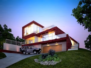 3d render of house exterior at sunset