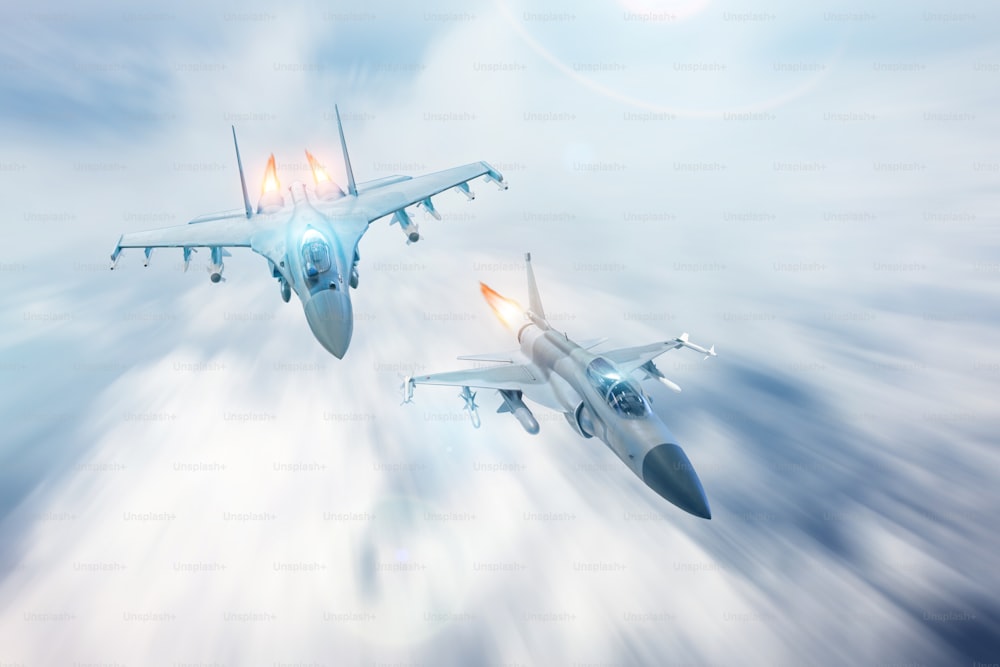 Un avión de combate intercepta acompaña a otro caza. Conflicto, guerra. Fuerzas aeroespaciales
